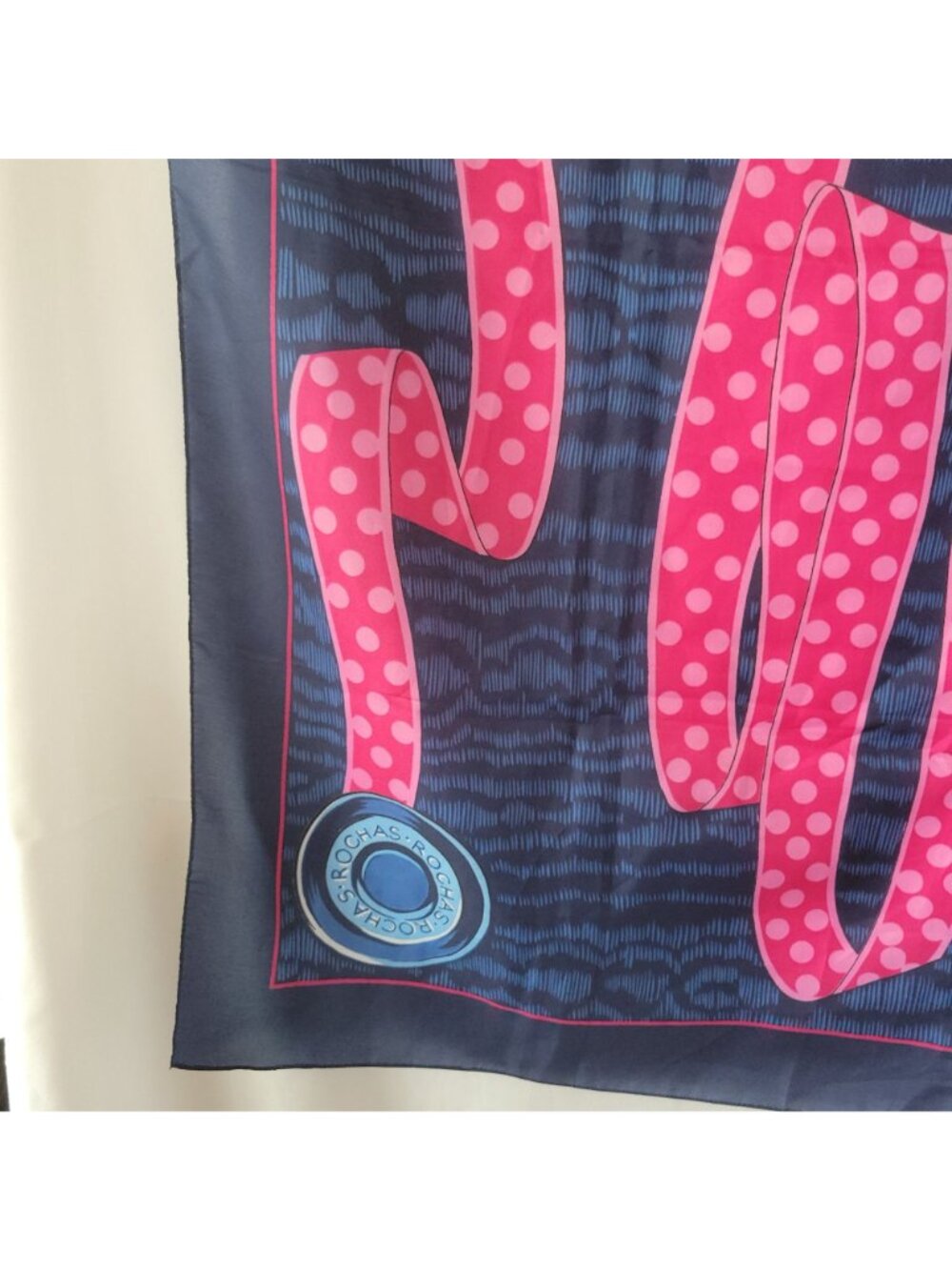 Vtg Rochas Byzance Paris Silk Square Scarf 34" Navy Pink Polka Dot Ribbon Access - Picture 16 of 16